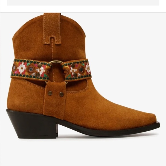 PINKO Italian Brown Suede Leather Boots Harness Detail Ankle Booties | Size 39 - Picture 1 of 14